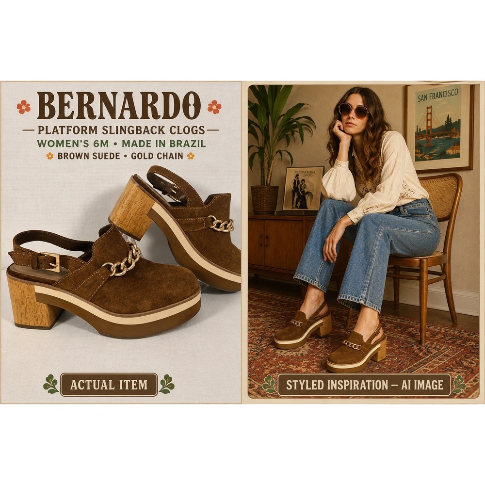 Bernardo Sochi Suede Chain Slingback Clogs Tobacco Brown Block Heel Size 6 Boho
